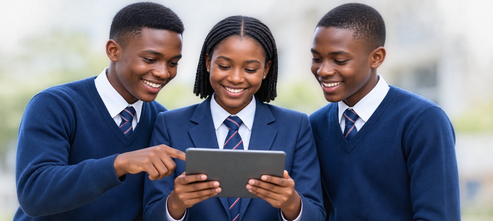 Students in school uniform looking at a tablet together in an educational setting.